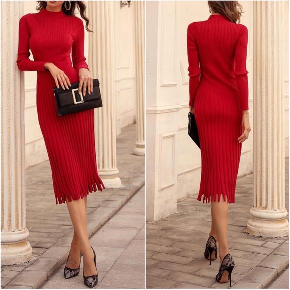 Classic ribbed knit mock neck sweater dress Work - Picture 12 of 13